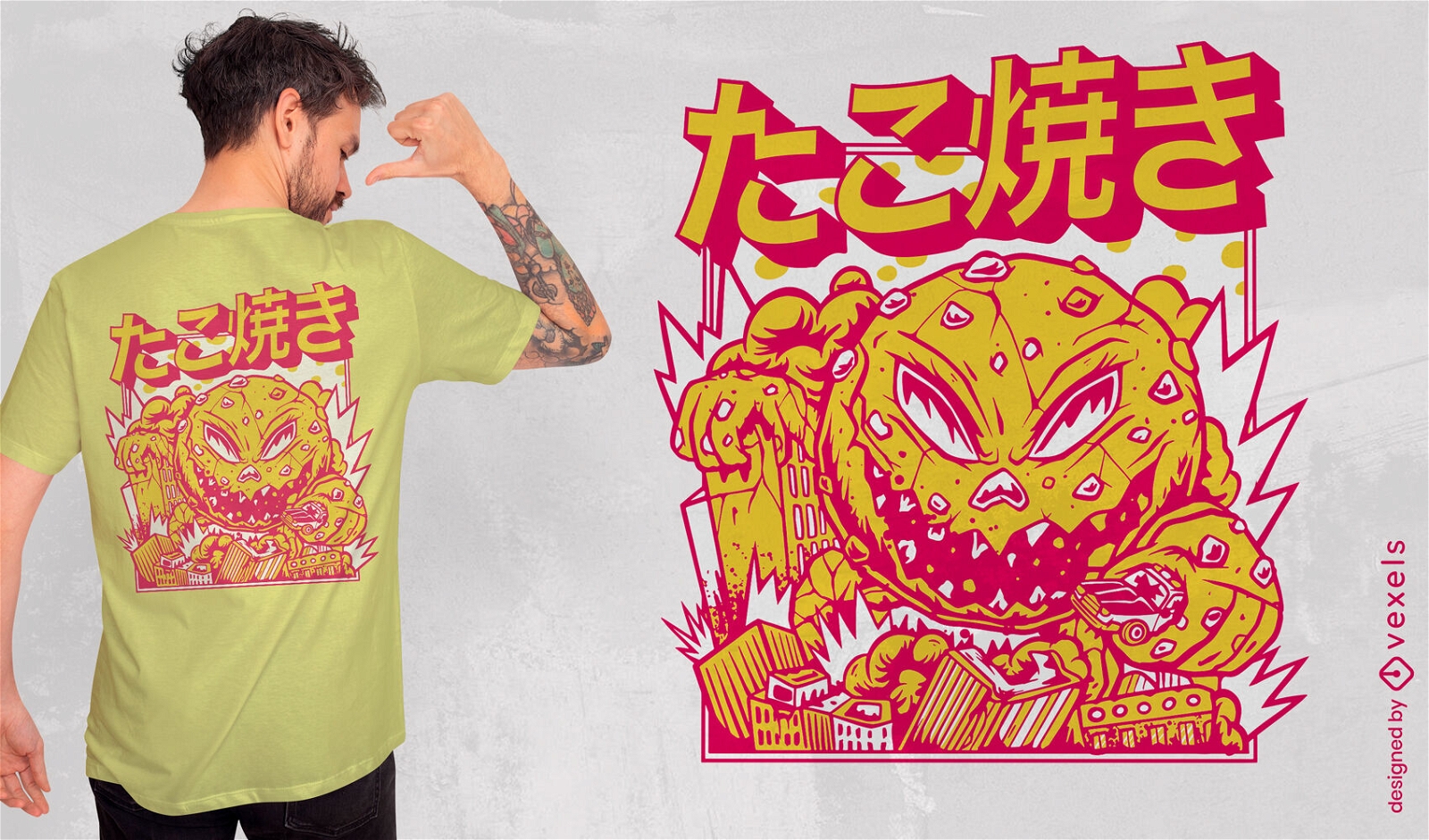 Design de camiseta de monstro de comida japonesa Takoyaki