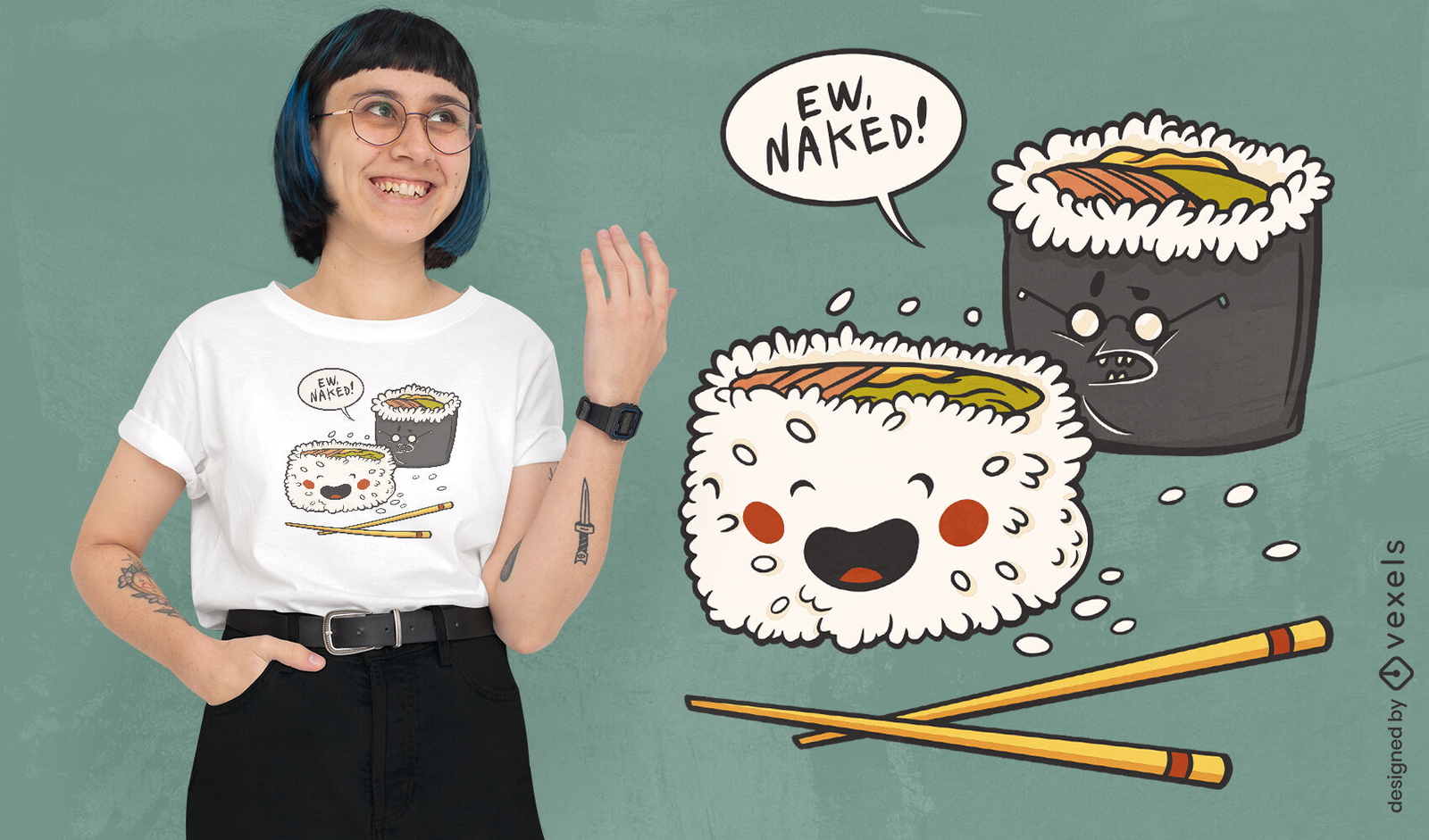 Diseño divertido de camiseta de dibujos animados de comida de sushi