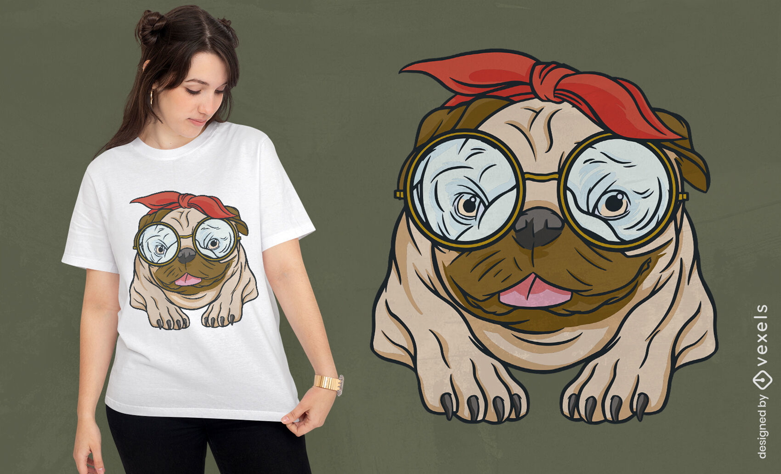 Cão Pug com óculos e design de t-shirt bandana