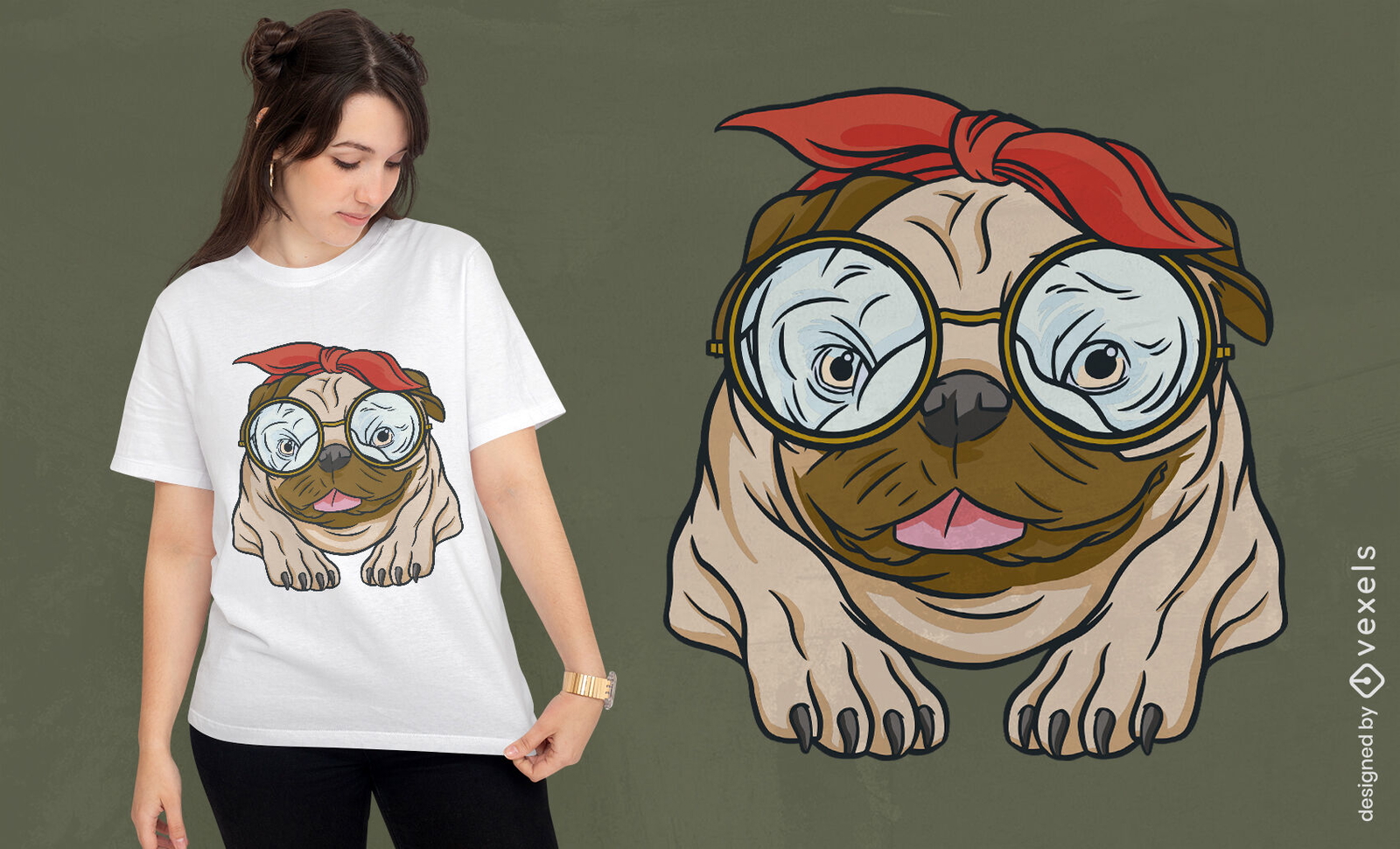 Diseño de camiseta de perro pug con gafas y pañuelo