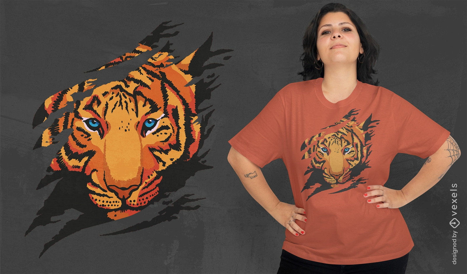 Design de camiseta rasgada de animal selvagem de tigre