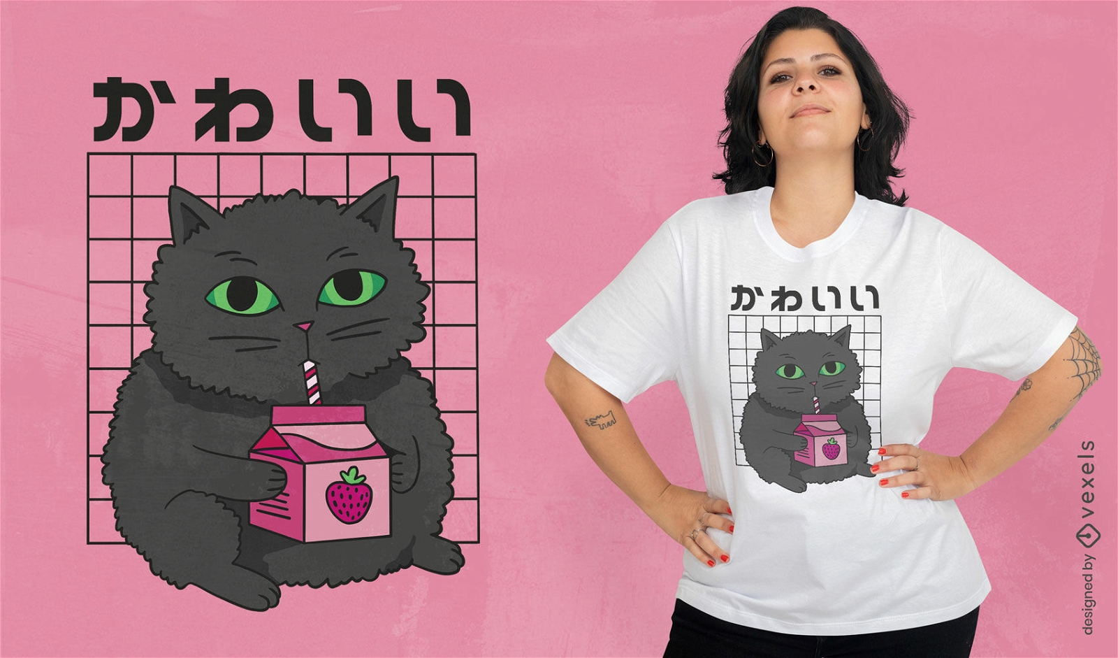 Diseño de camiseta de gato negro bebiendo leche de fresa