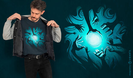 Manos alrededor del diseño de camiseta de bola mágica de luz.