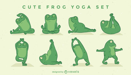 Frog yoga poses and exercises. Cute cartoon clipart set. Vector