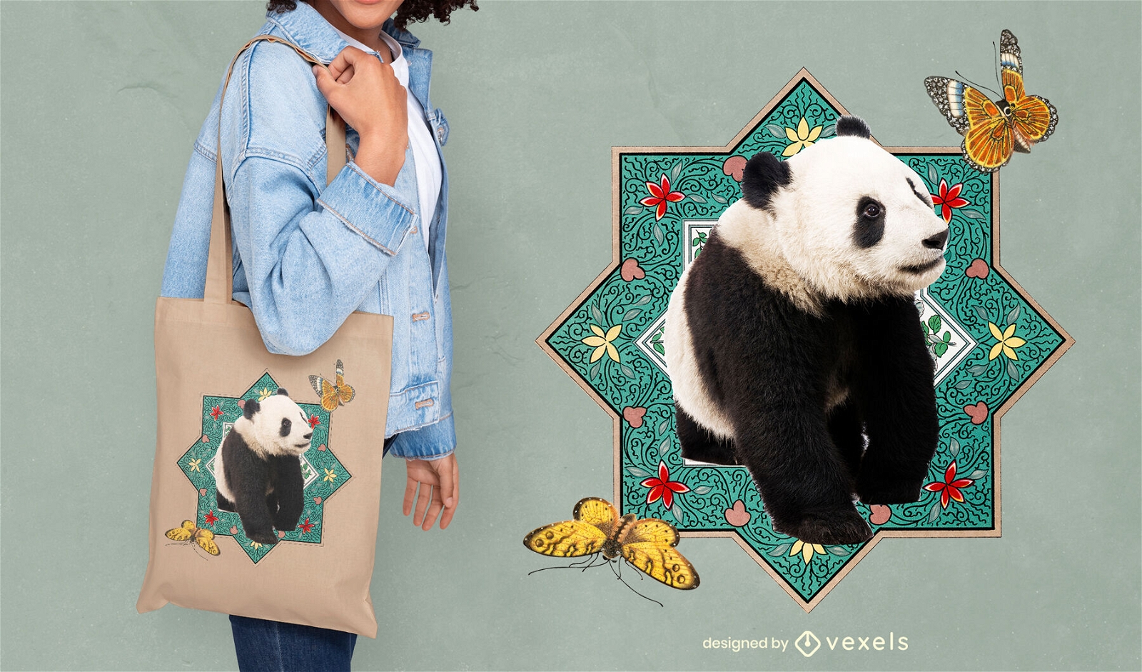Diseño de bolso tote panda con mariposas