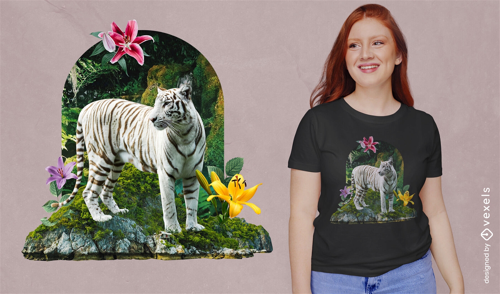 Animal tigre blanco en diseño de camiseta de jardín de flores.