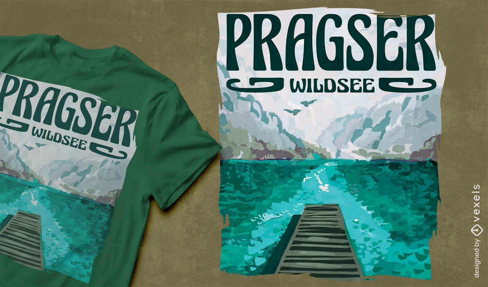 Aquarell See und Berge T-Shirt-Design
