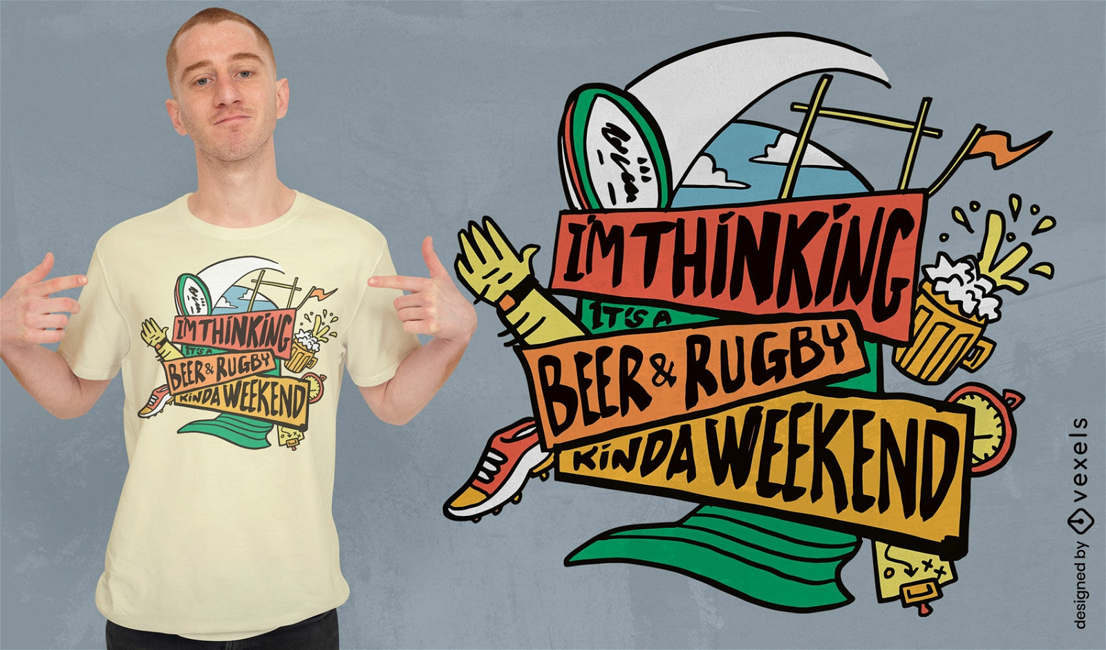 Bebidas de cerveja e design de camiseta de bola de rugby