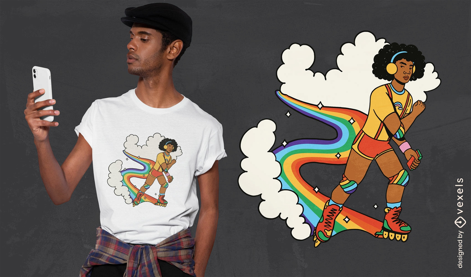Man rollerskating on rainbow t-shirt design