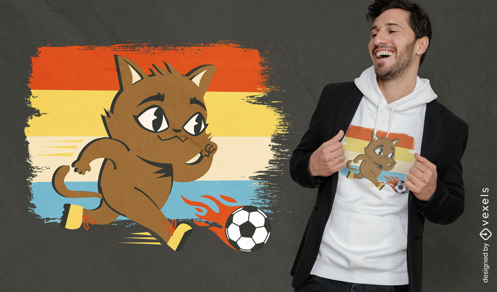 Gato animal jugando diseño de camiseta de fútbol.