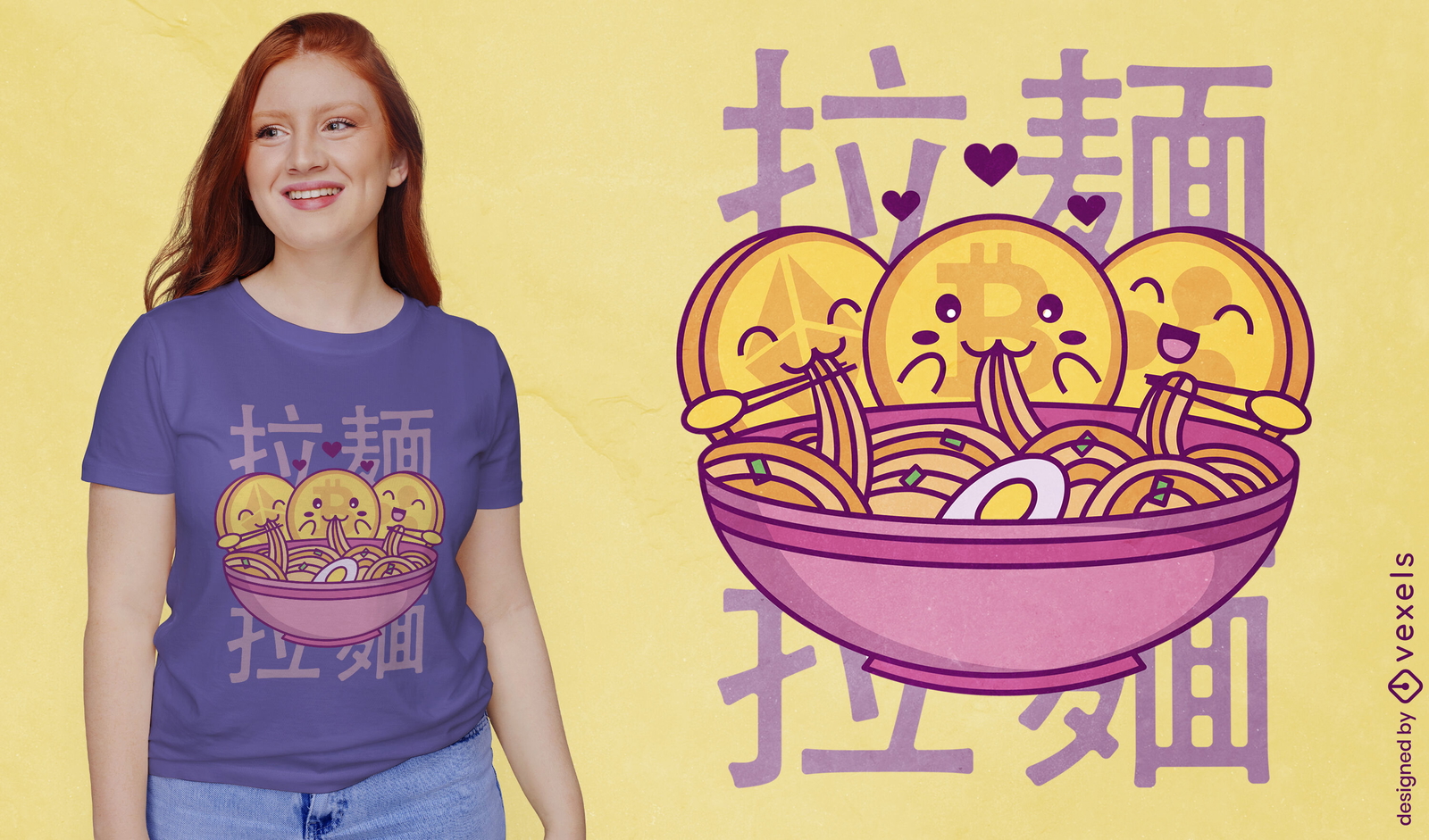 Kryptowährungsmünzen, die Ramen-T-Shirt-Design essen