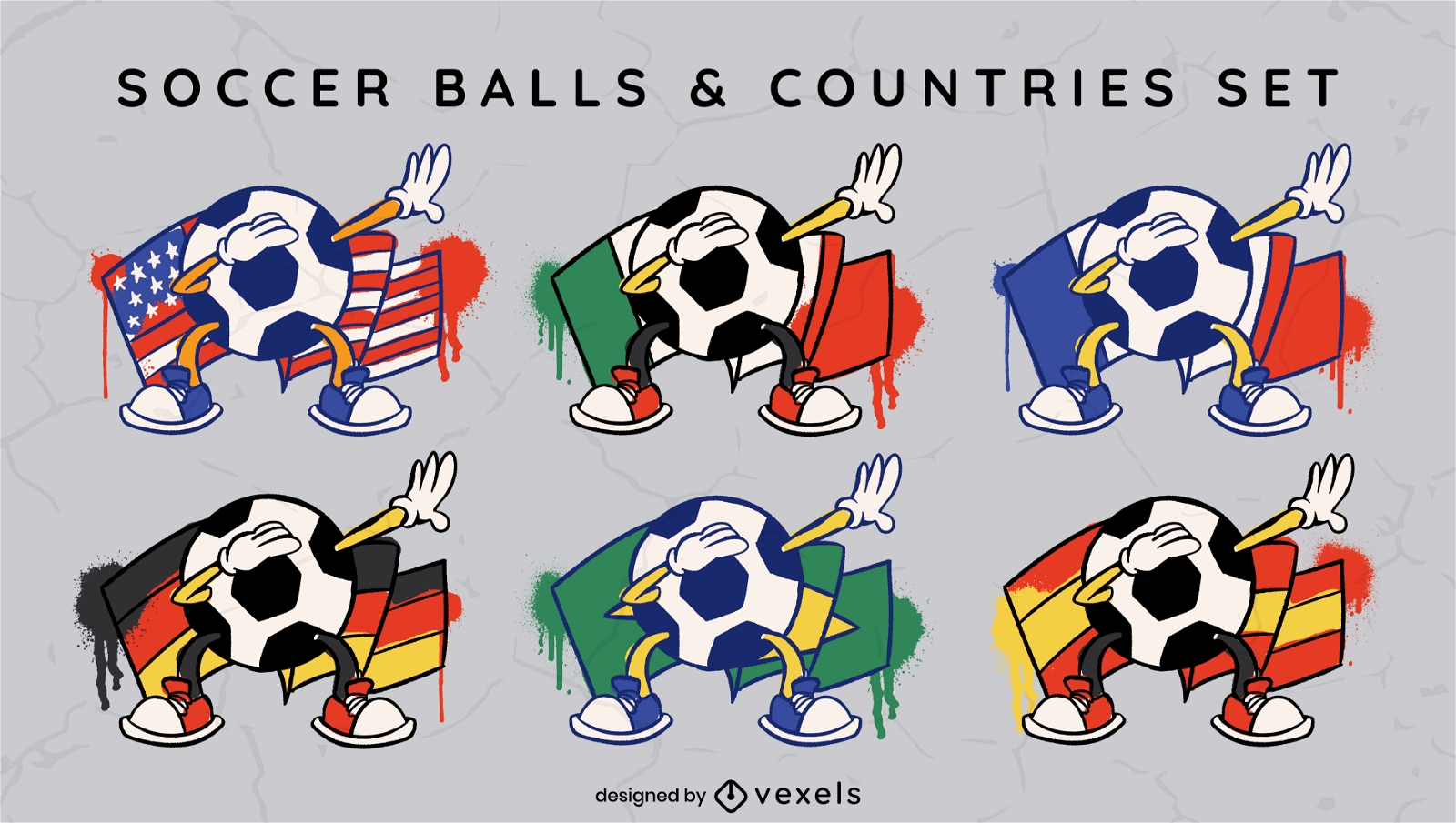 Conjunto de países y balones de fútbol