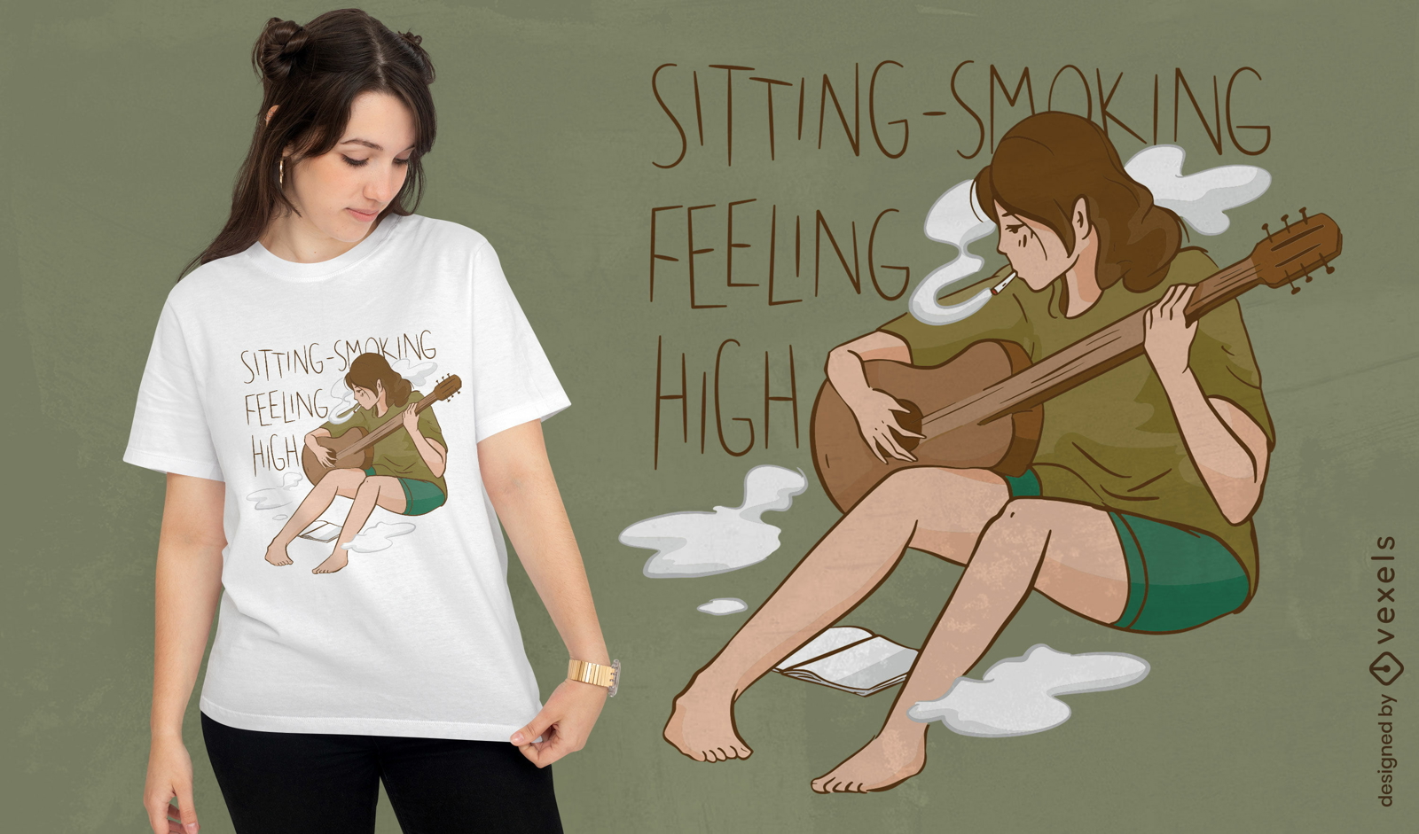 Mädchen, das Gitarre spielt und T-Shirt-Design raucht