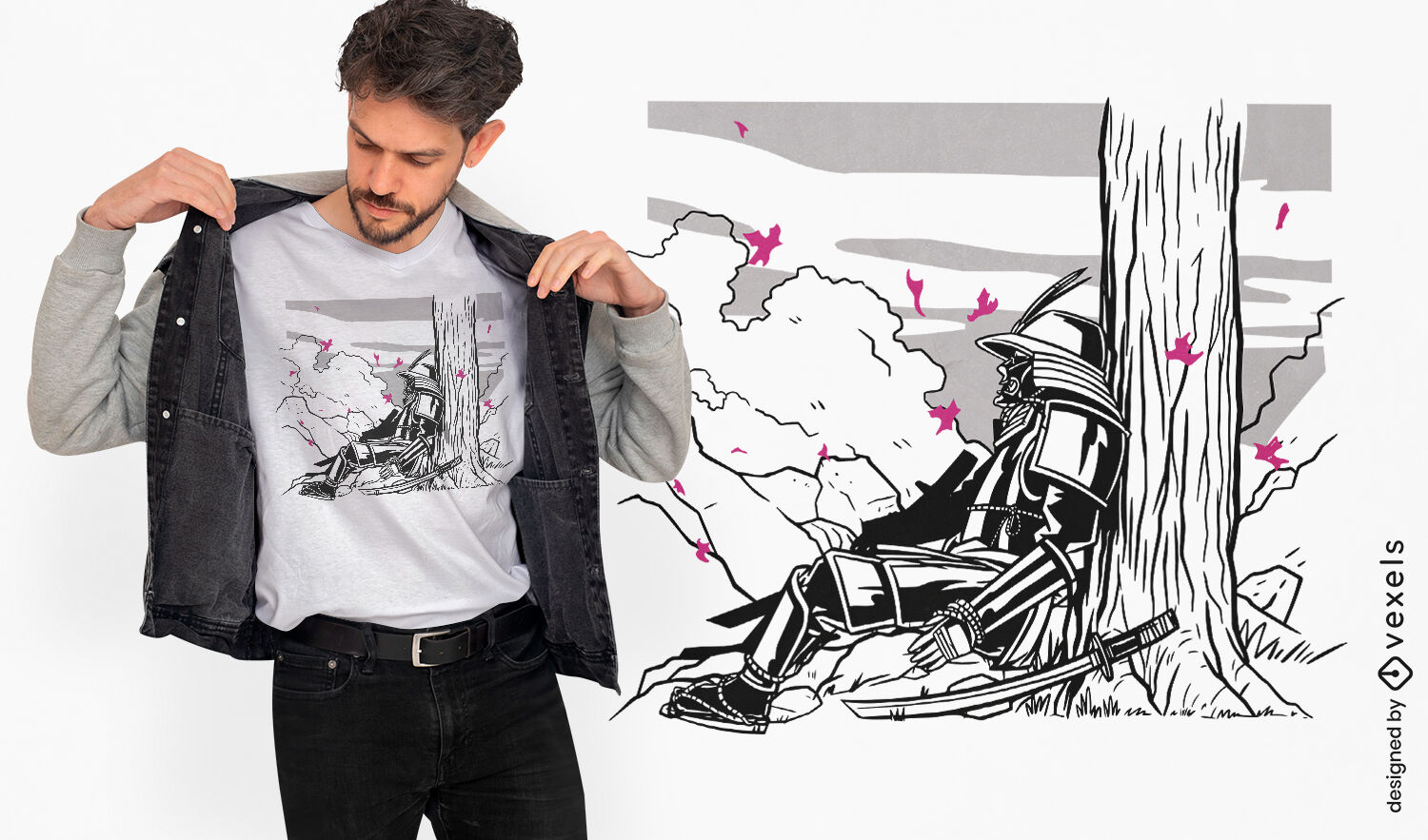 Samurai sentado bajo el diseño de la camiseta del árbol