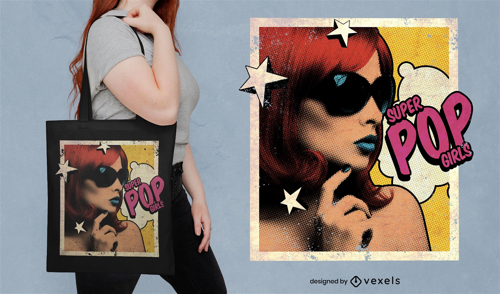 Mulher pop art com design de bolsa de óculos de sol