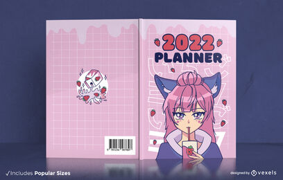 Garota de anime com design de capa de livro de leite com morango