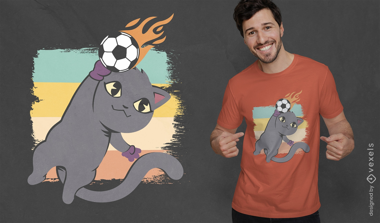 Diseño de camiseta de dibujos animados de gato jugando al fútbol
