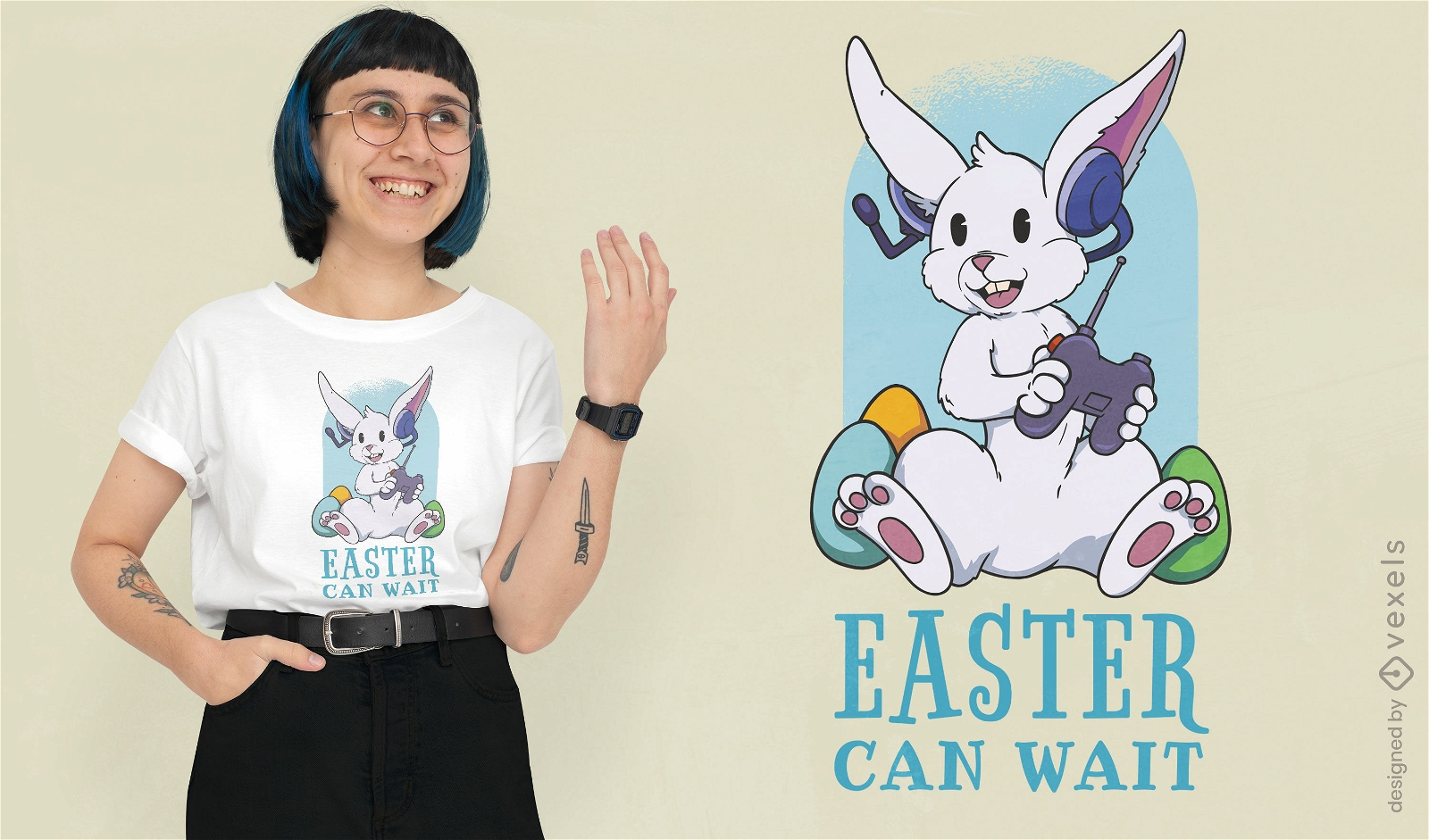 Diseño de camiseta de conejo de pascua jugando videojuegos.