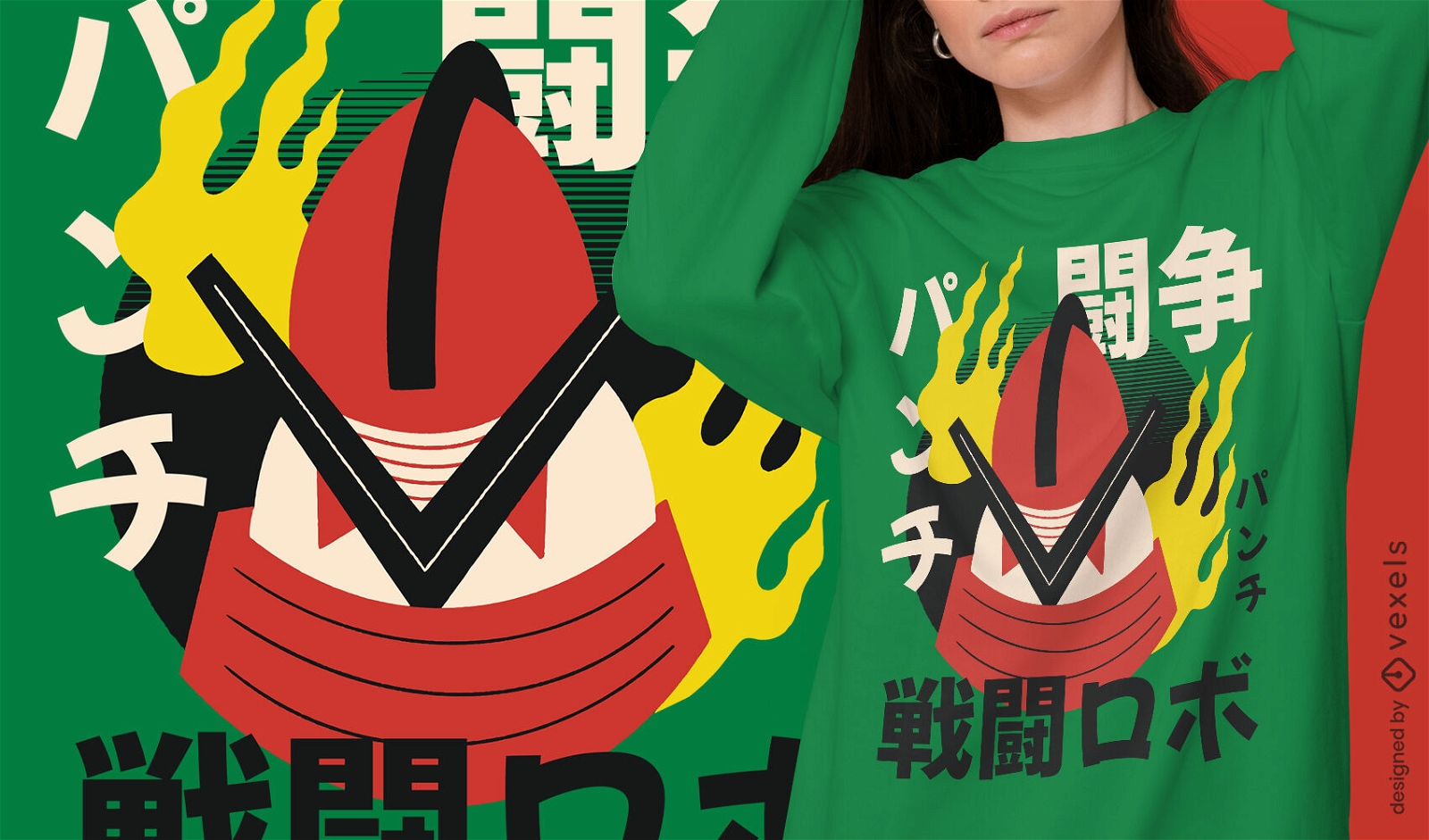 Robot japonés con diseño de camiseta de fuego.