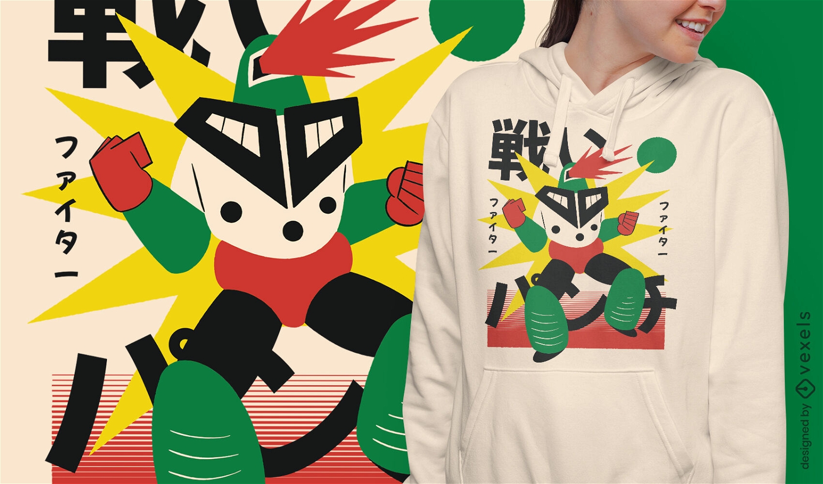 Diseño de camiseta de guerrero de fuego robot japonés