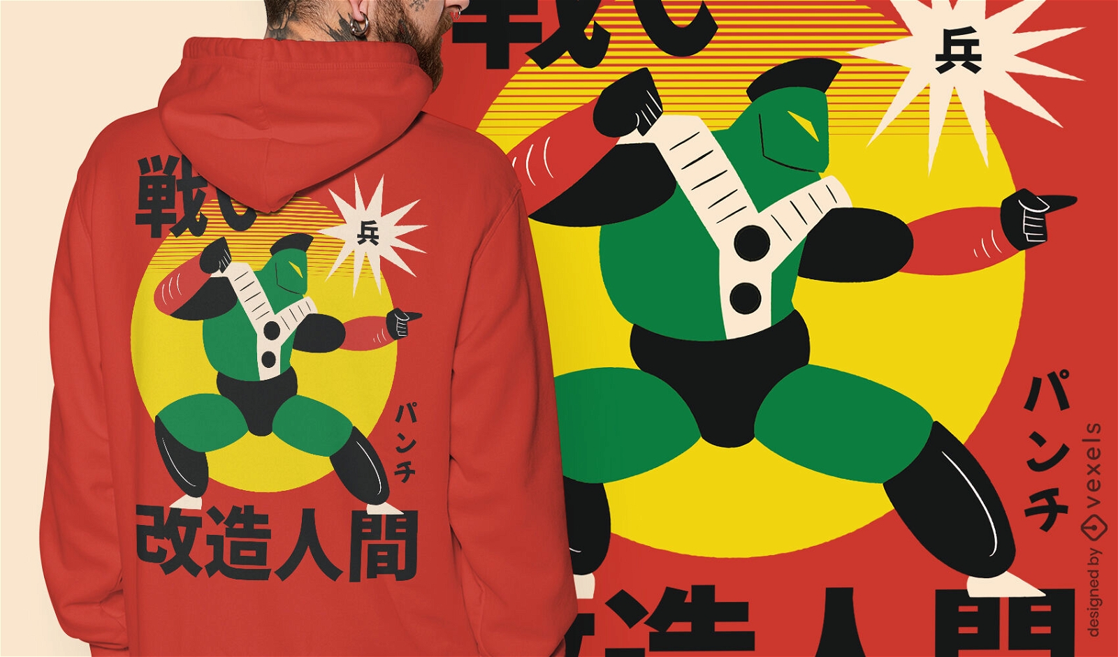 Design de camiseta de guerreiro robô japonês verde