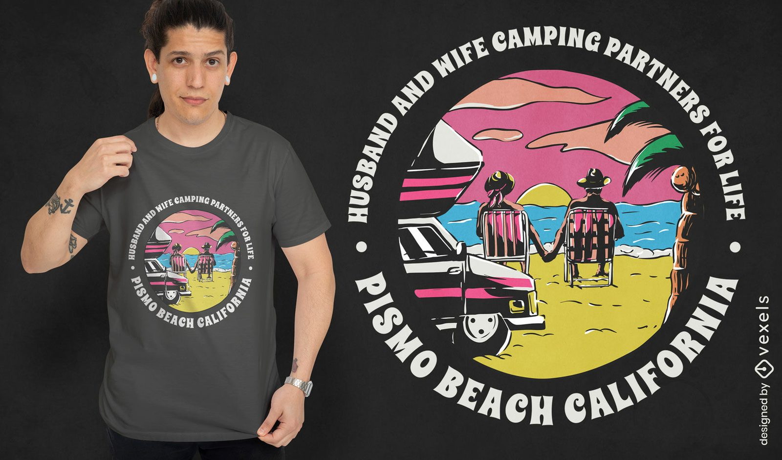 Pareja enamorada en el diseño de camiseta de playa.