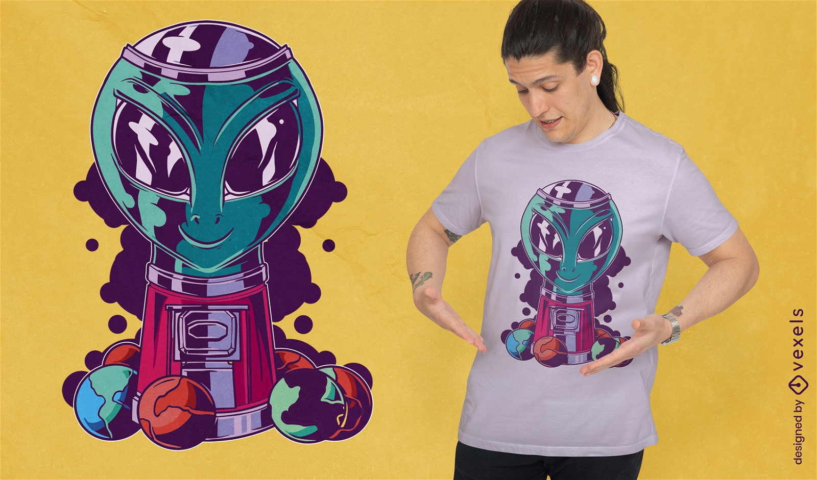 Design de camiseta de chiclete e máquina de doces alienígena