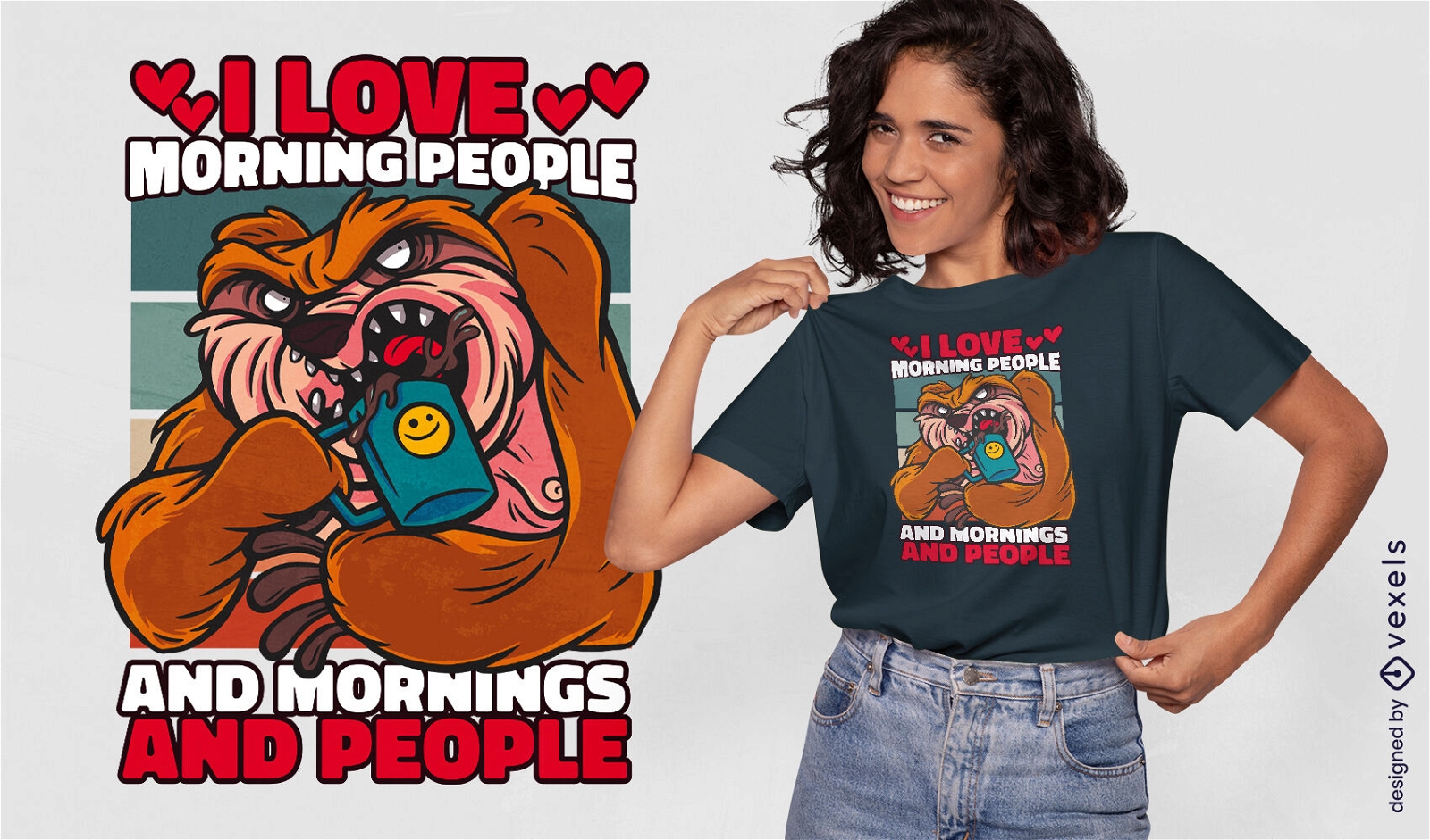 Diseño de camiseta de dibujos animados perezoso bebiendo café