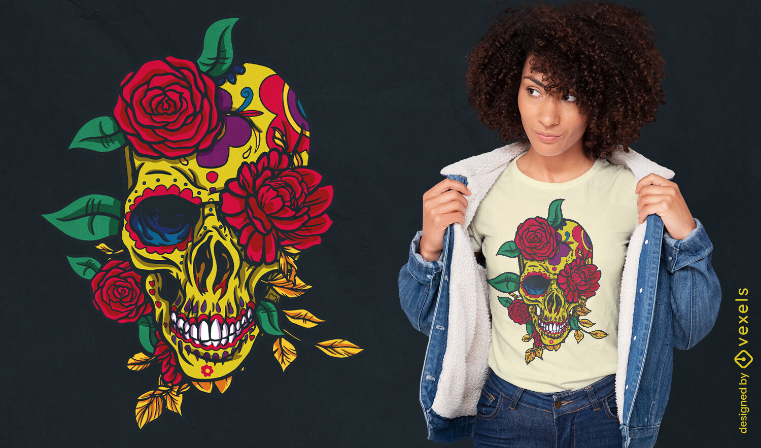 Dia do crânio morto com design de t-shirt de rosas