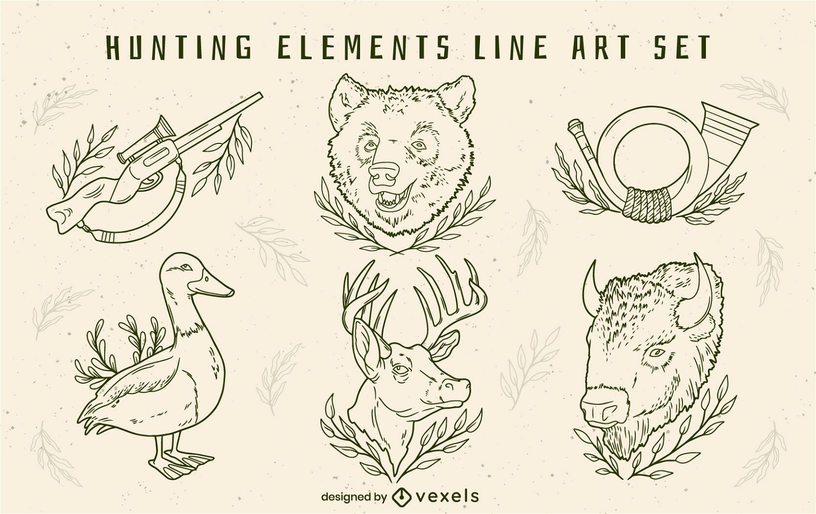 Conjunto de elementos y animales de caza.