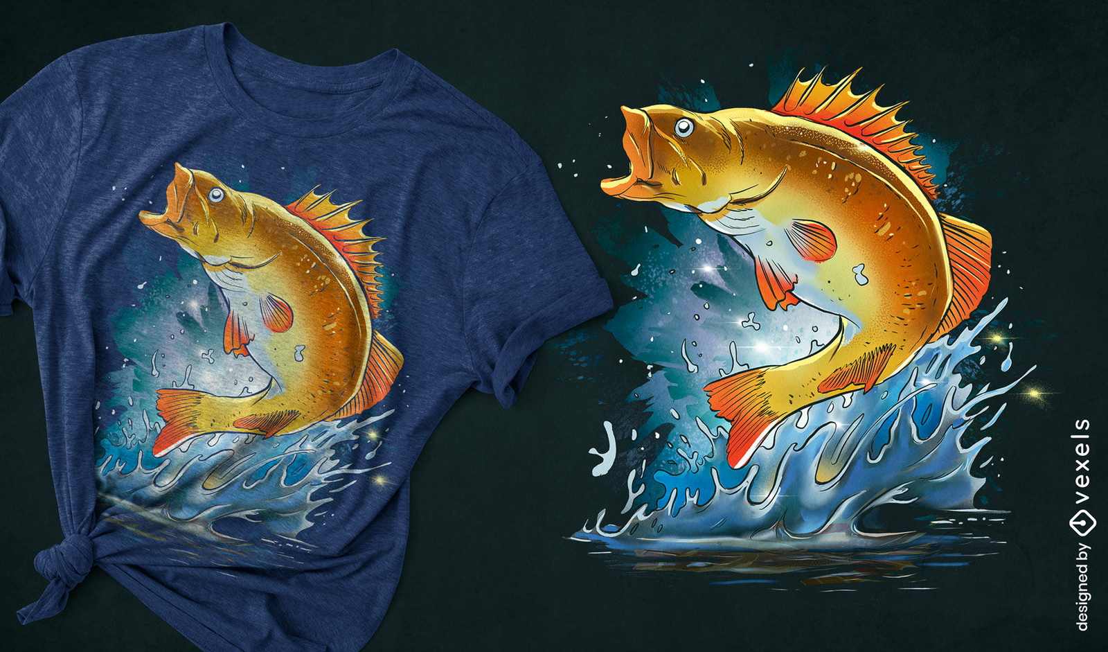 Diseño de camiseta de pez dorado saltando del agua.