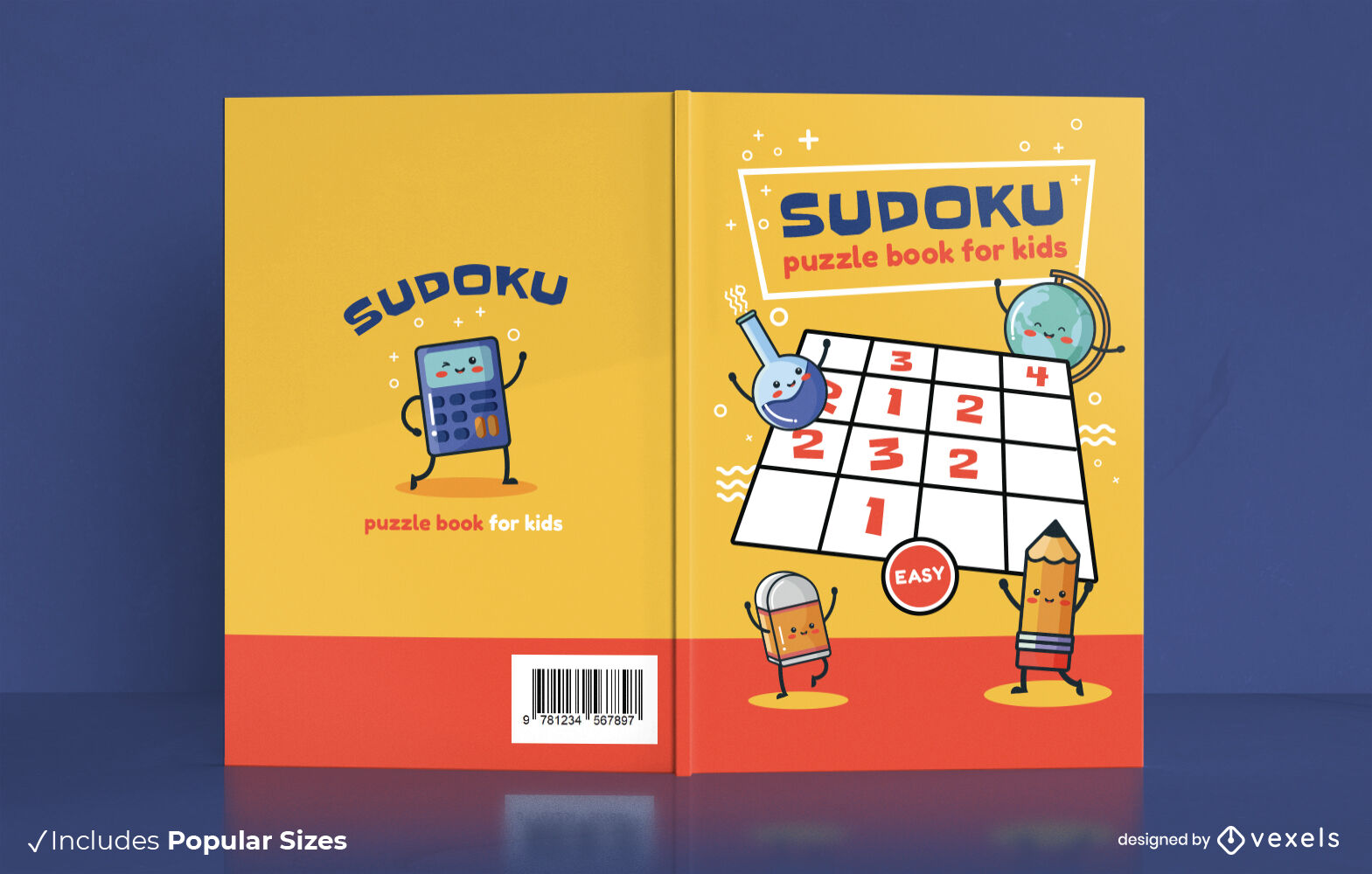 Útiles escolares y diseño de portada de libro de sudoku.