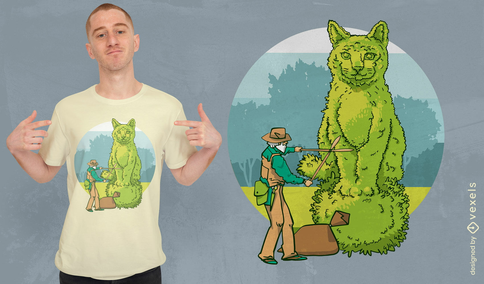 Diseño de camiseta de jardinería topiaria de gato.