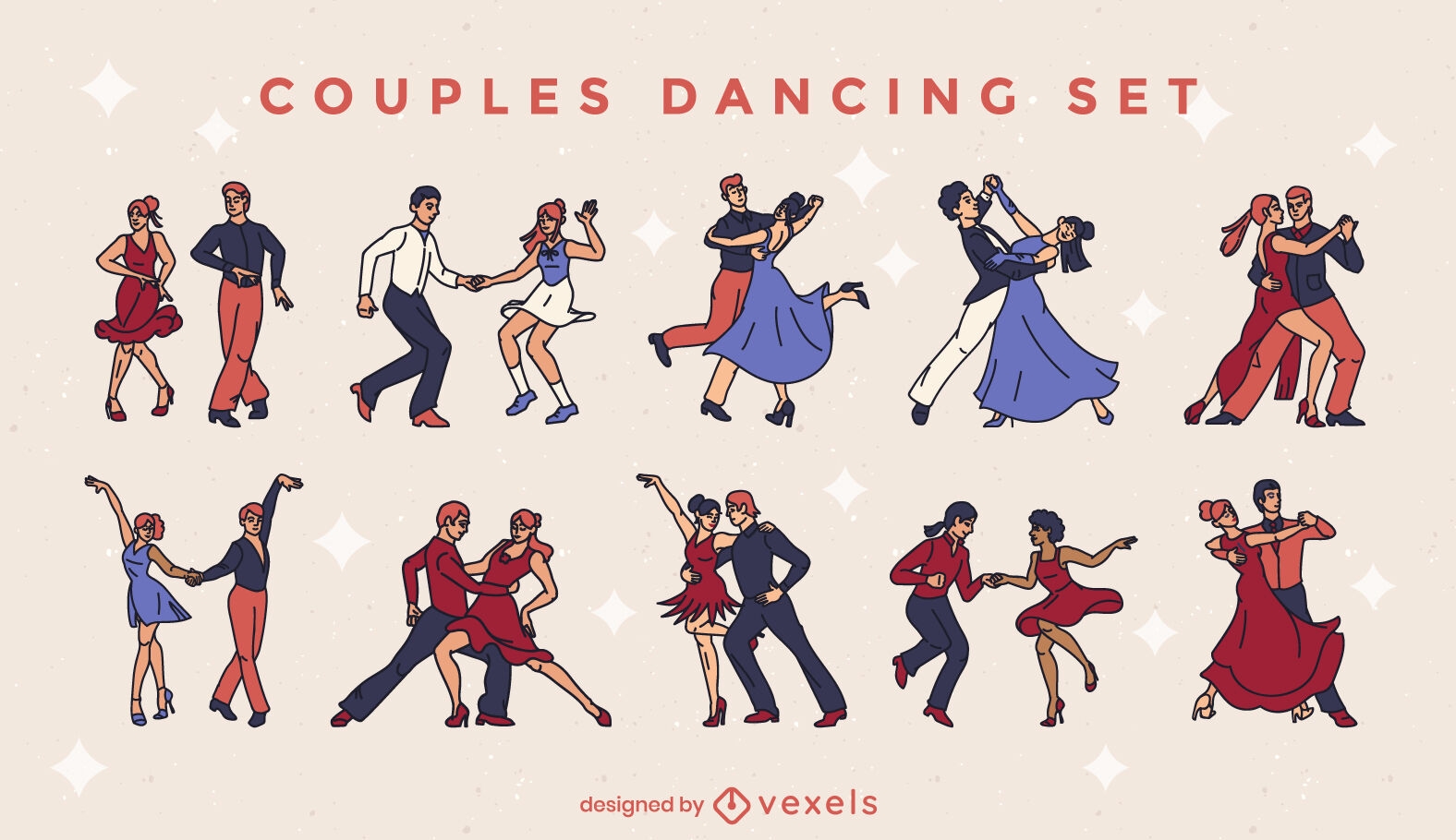 Couples dancing color stroke set