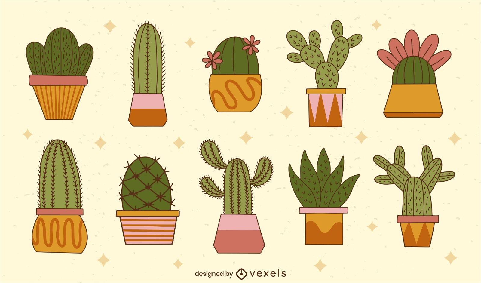 Cute cactus plants in pots nature set