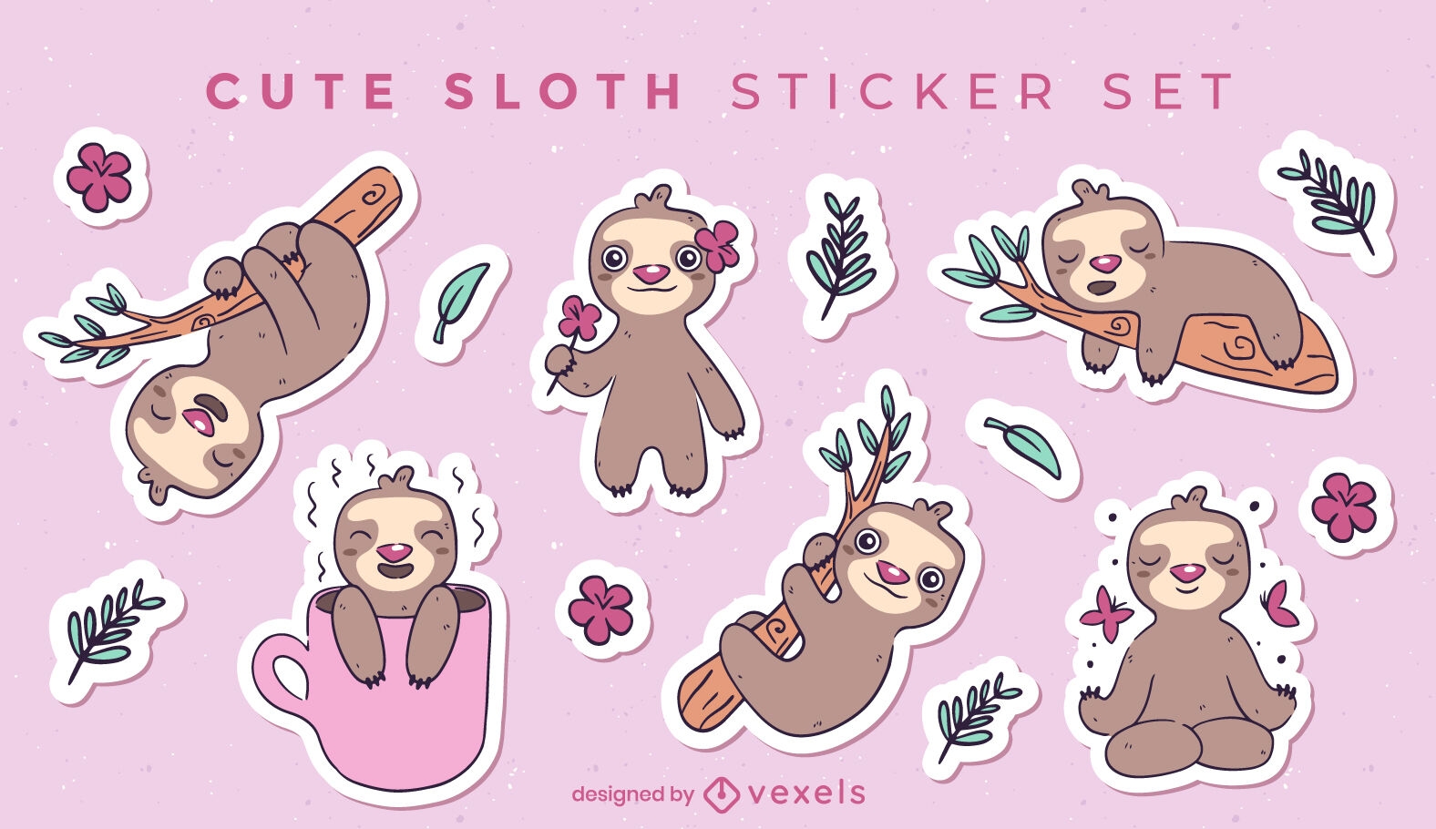 Cartoon sloth animals cute sticker set
