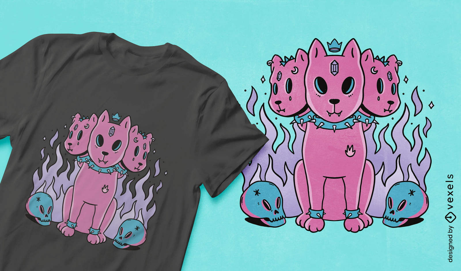 Diseño de camiseta goth pastel de perro de tres cabezas