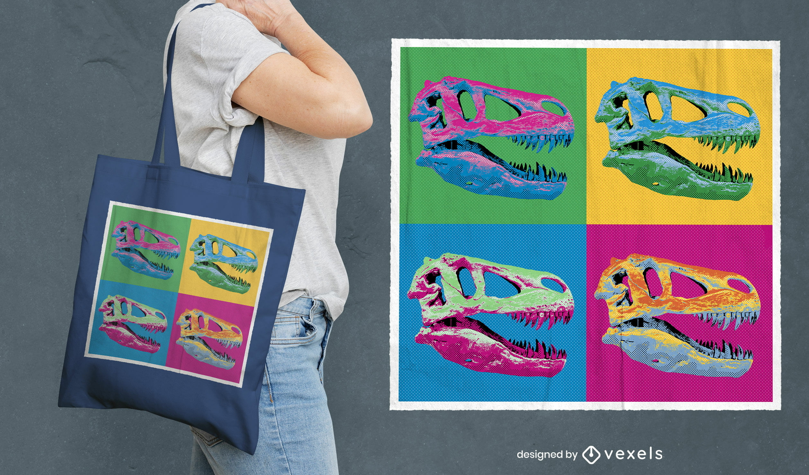 Diseño de bolsa de asas de calavera t-rex pop art