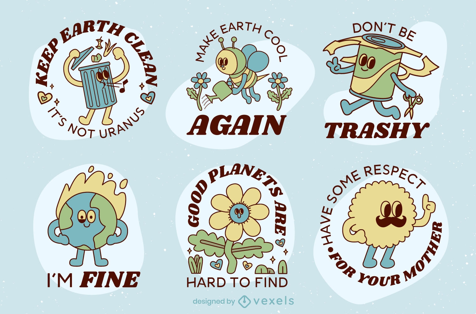 Earth day retro cartoon stickers set