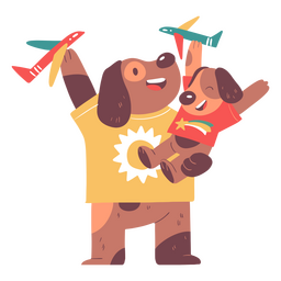 Cachorro e filho brincando com aviões Desenho PNG