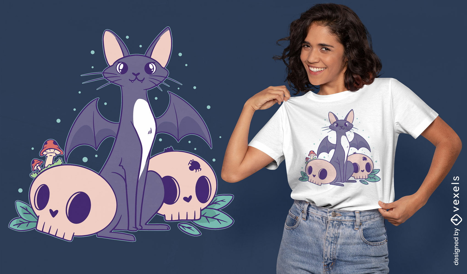 Diseño de camiseta pastel goth bat cat