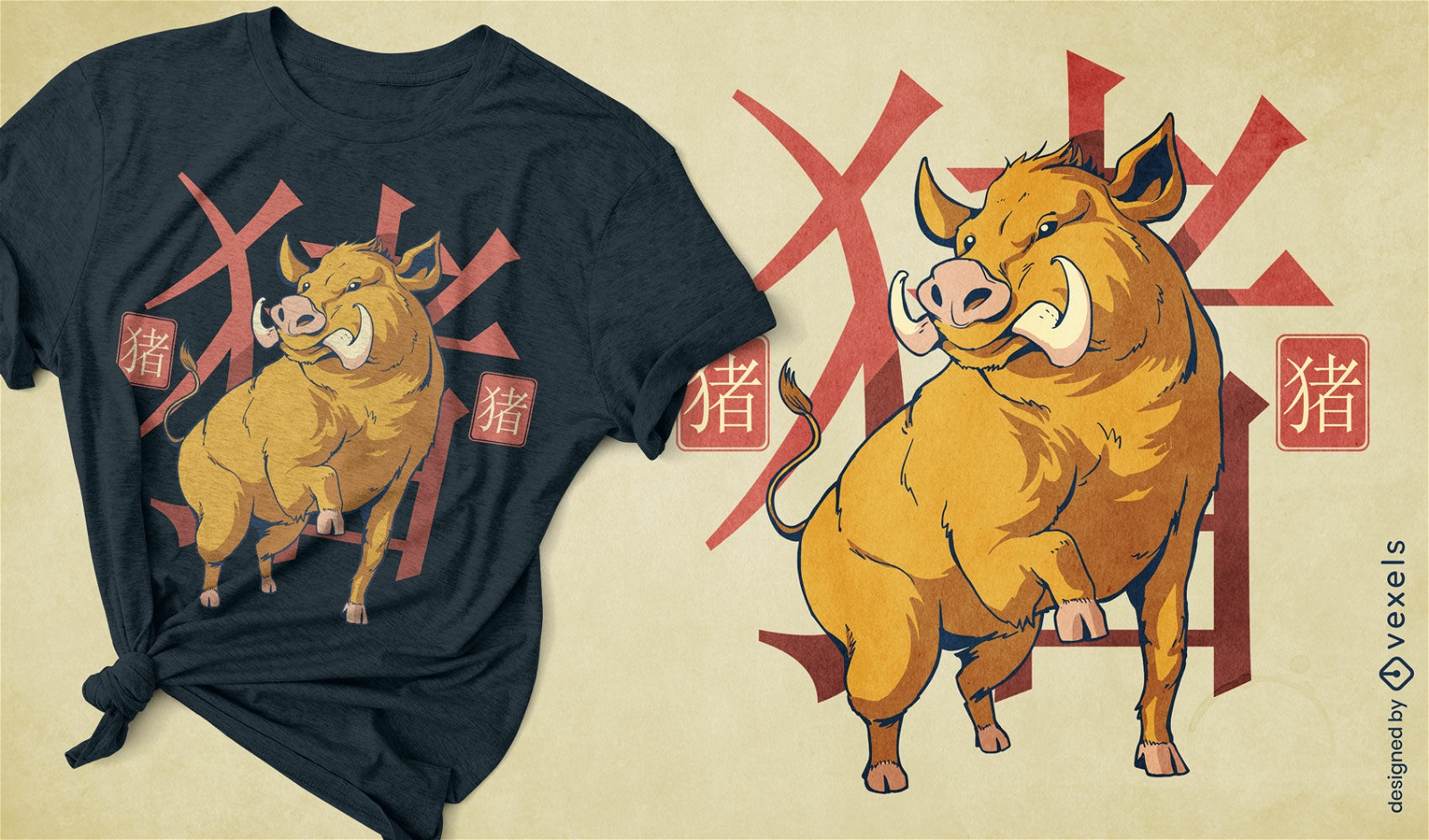 Diseño de camiseta de jabalí del zodiaco japonés.