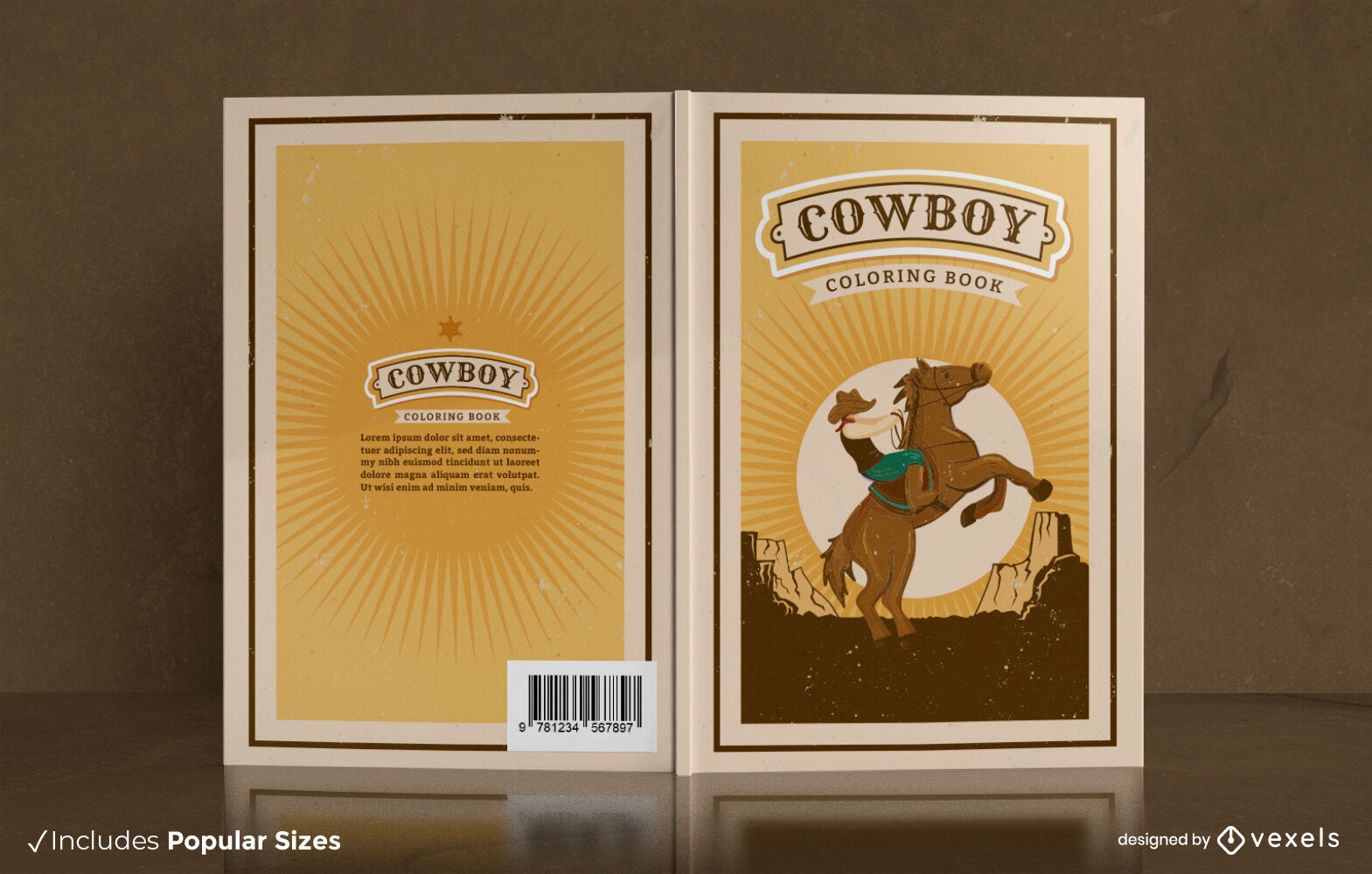 Diseño de portada de libro para colorear al atardecer vaquero
