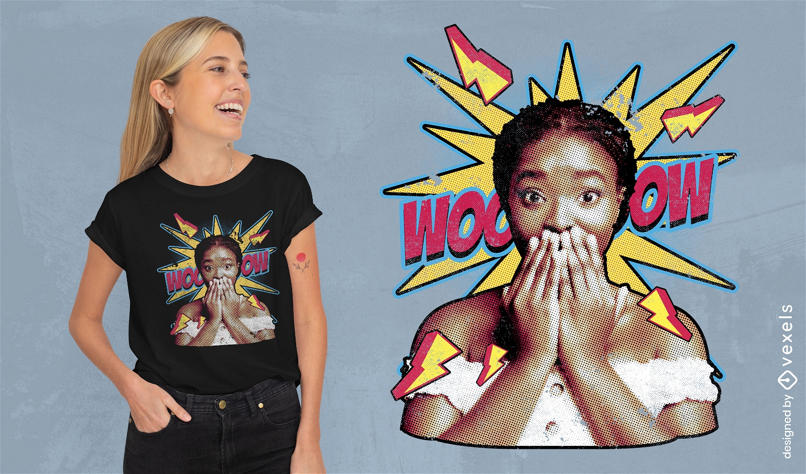 Surprised black woman comic t-shirt psd