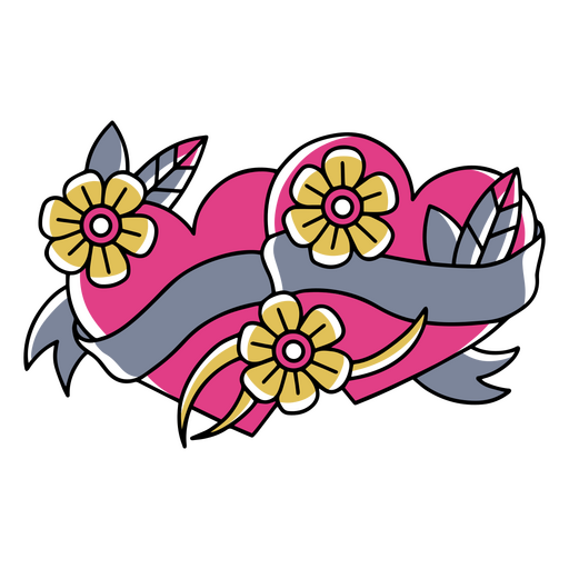 Hearts tattoo with ribbons and flowers  PNG Design