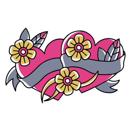 Herztätowierung mit Bändern und Blumen PNG-Design