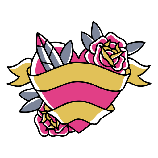 Tatuaje de corazón, rosas y espada. Diseño PNG