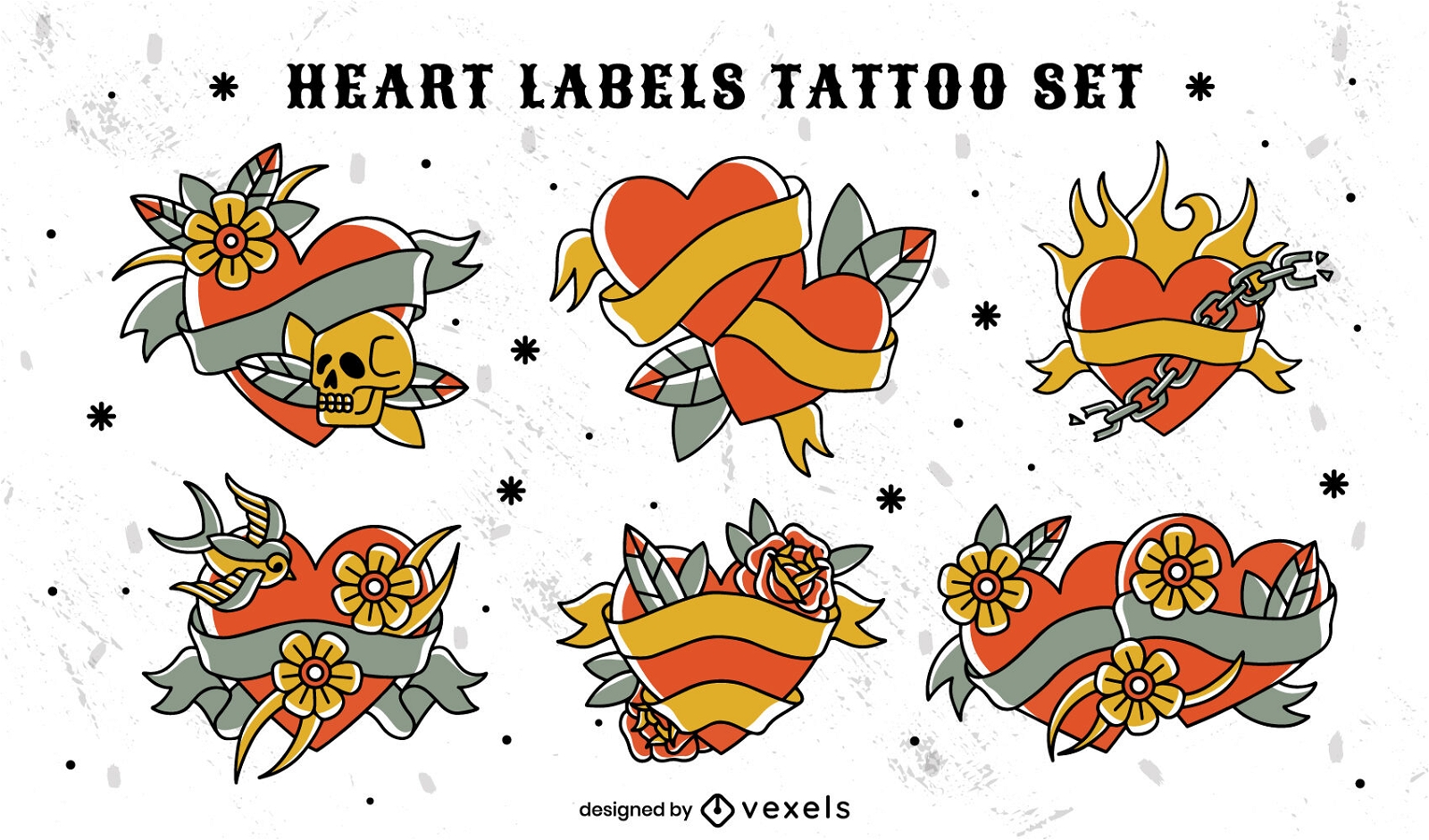 Conjunto de tatuajes de corazones y etiquetas