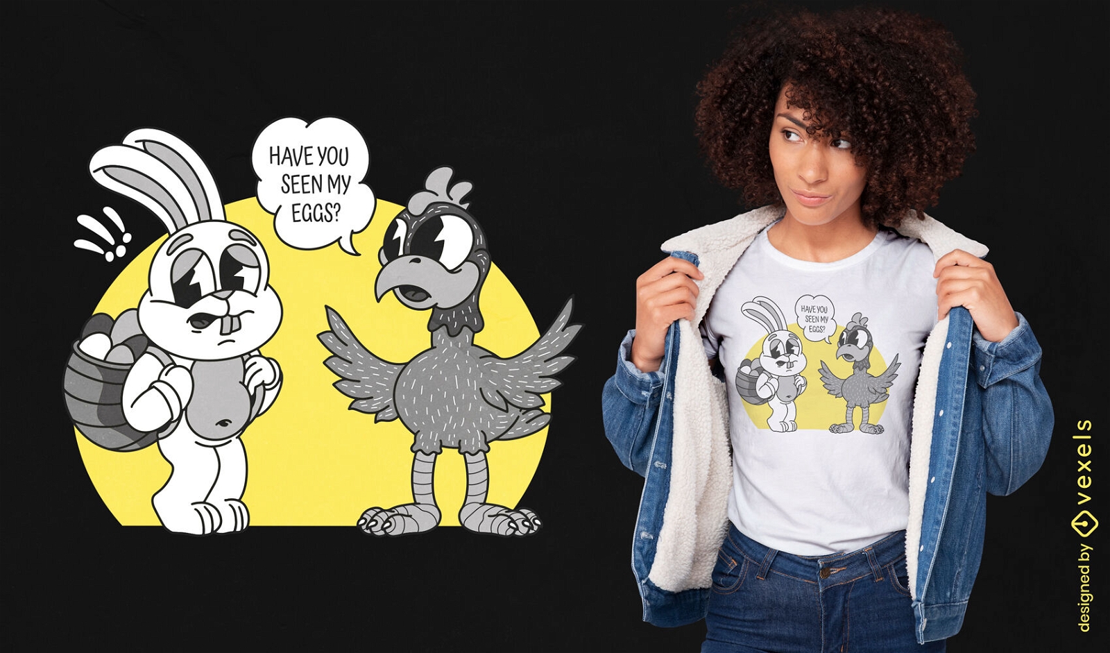 Design de camiseta em quadrinhos de Páscoa de frango de coelho