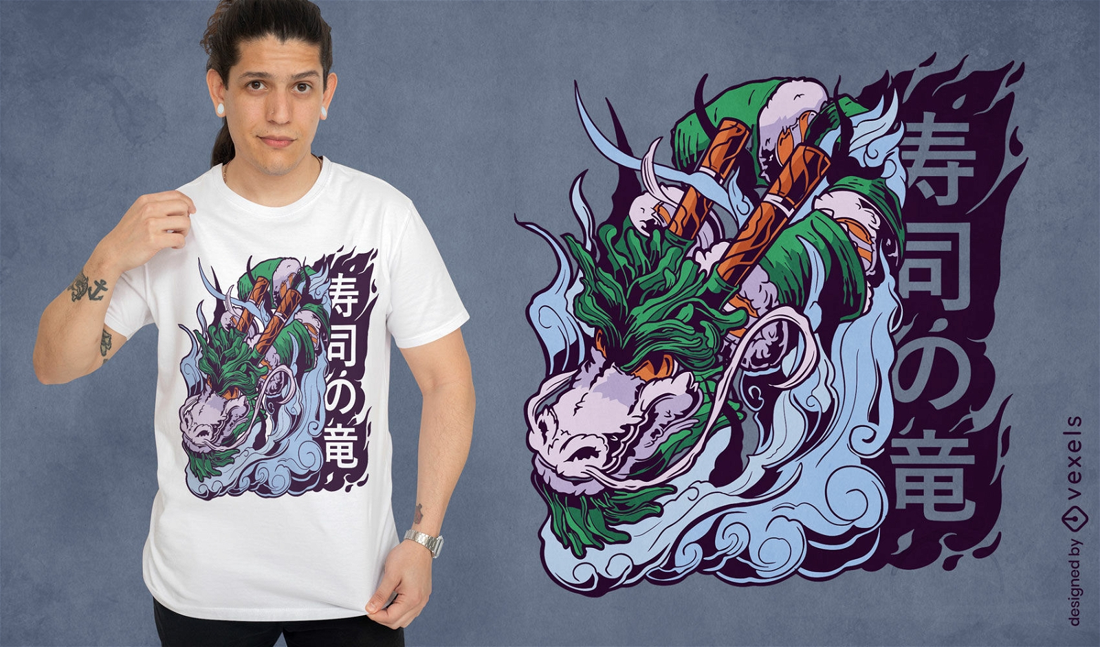 Diseño de camiseta de dragón de sushi japonés.